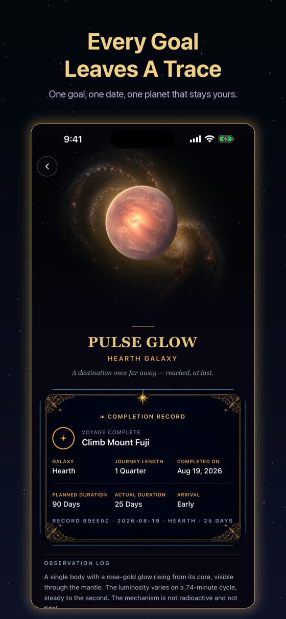 A completed goal shown as a planet with its completion record