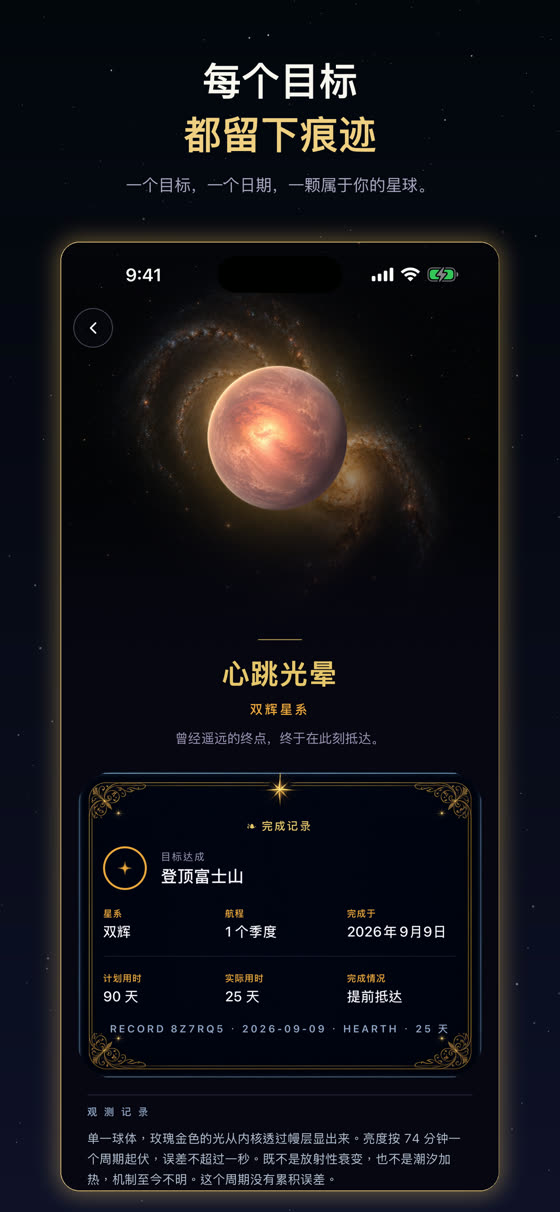 完成的目标变成一颗星球，附完成记录